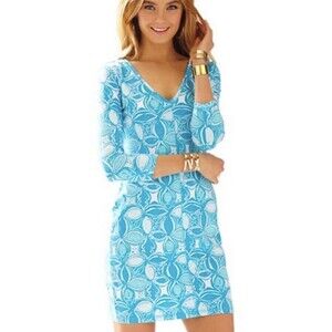 LILLY PULITZER Women's Blue Printed Juliet What A Racquet V-Neck Mini Dress SZ M
